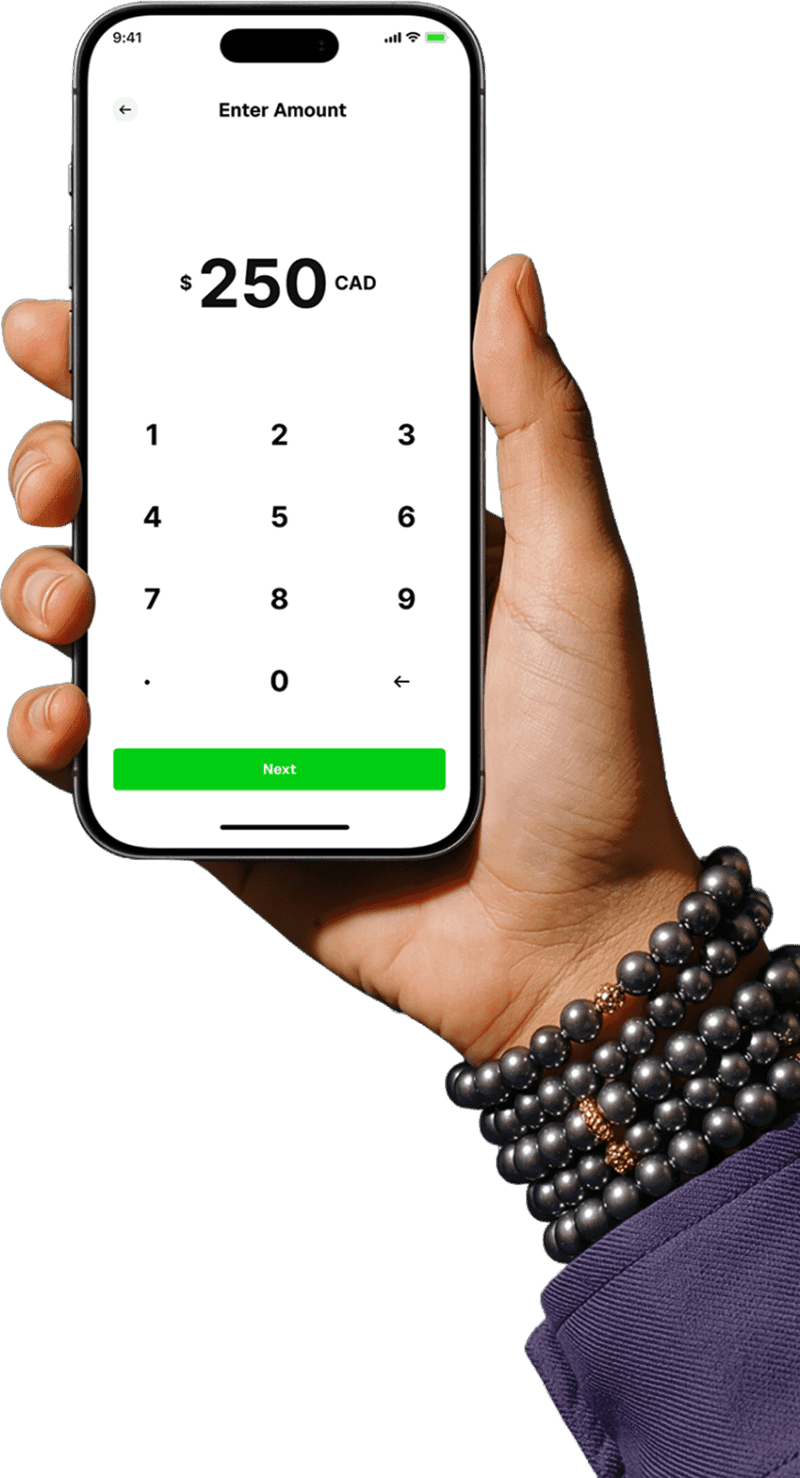 PinovX transfer flow shown on a mobile phone